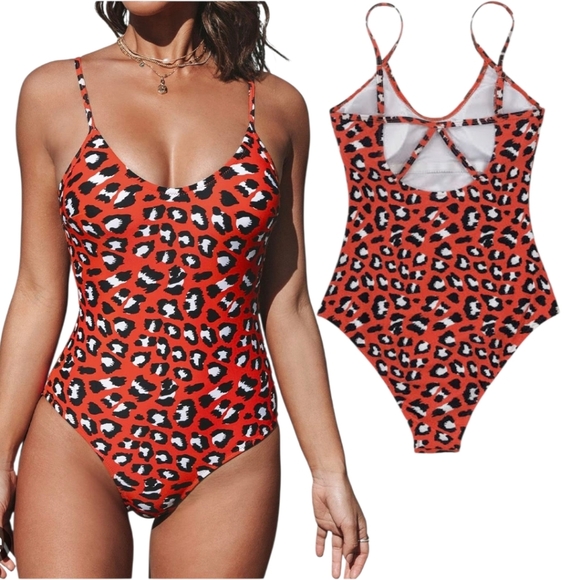 Women's Red Leopard Print One Piece Swimsuit Cutout Back Swimwear Bathing XL - Picture 1 of 6